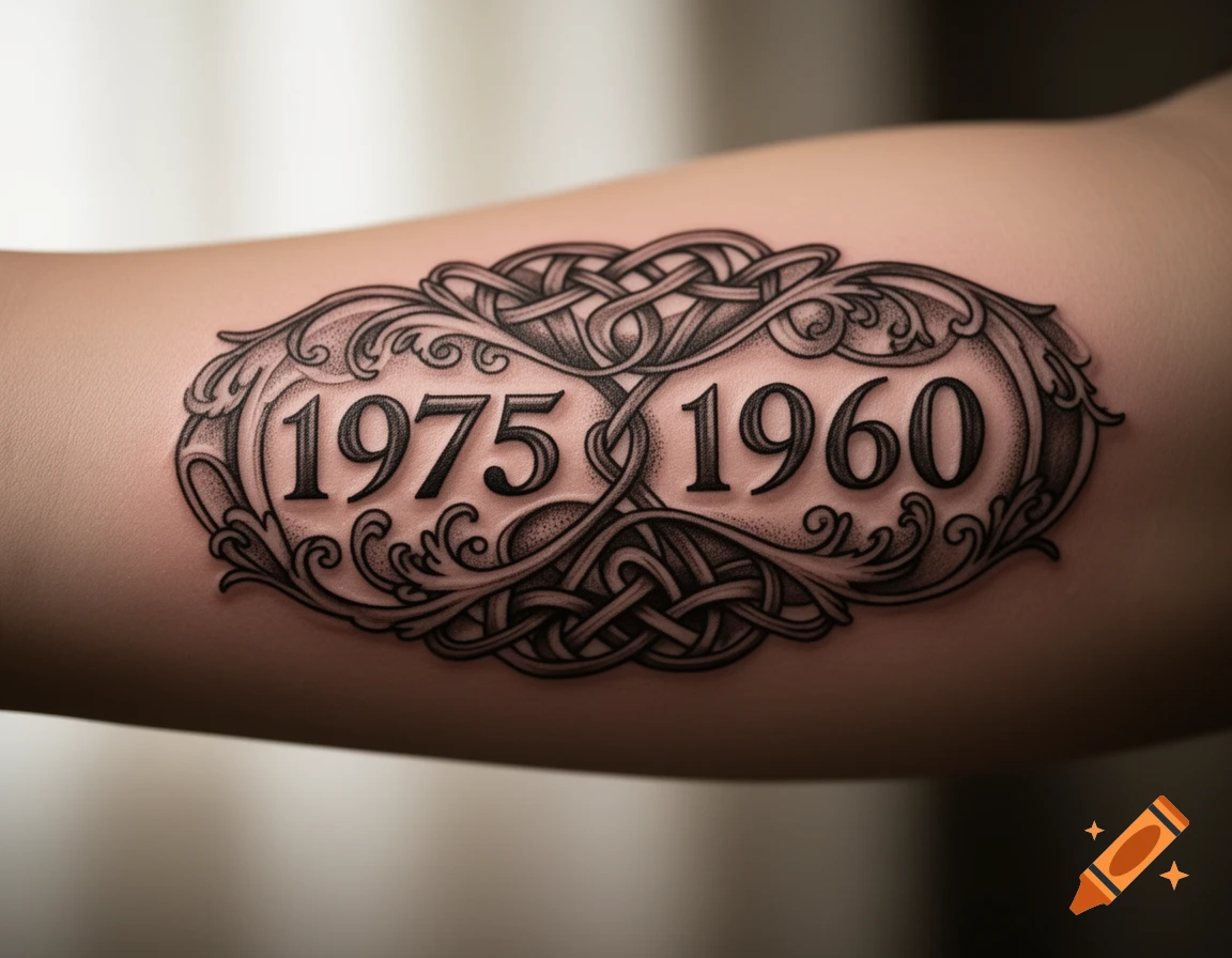 A black and white tattoo with ornate Celtic knotwork and scroll designs on an arm, featuring the numbers '1975' and '1960'.