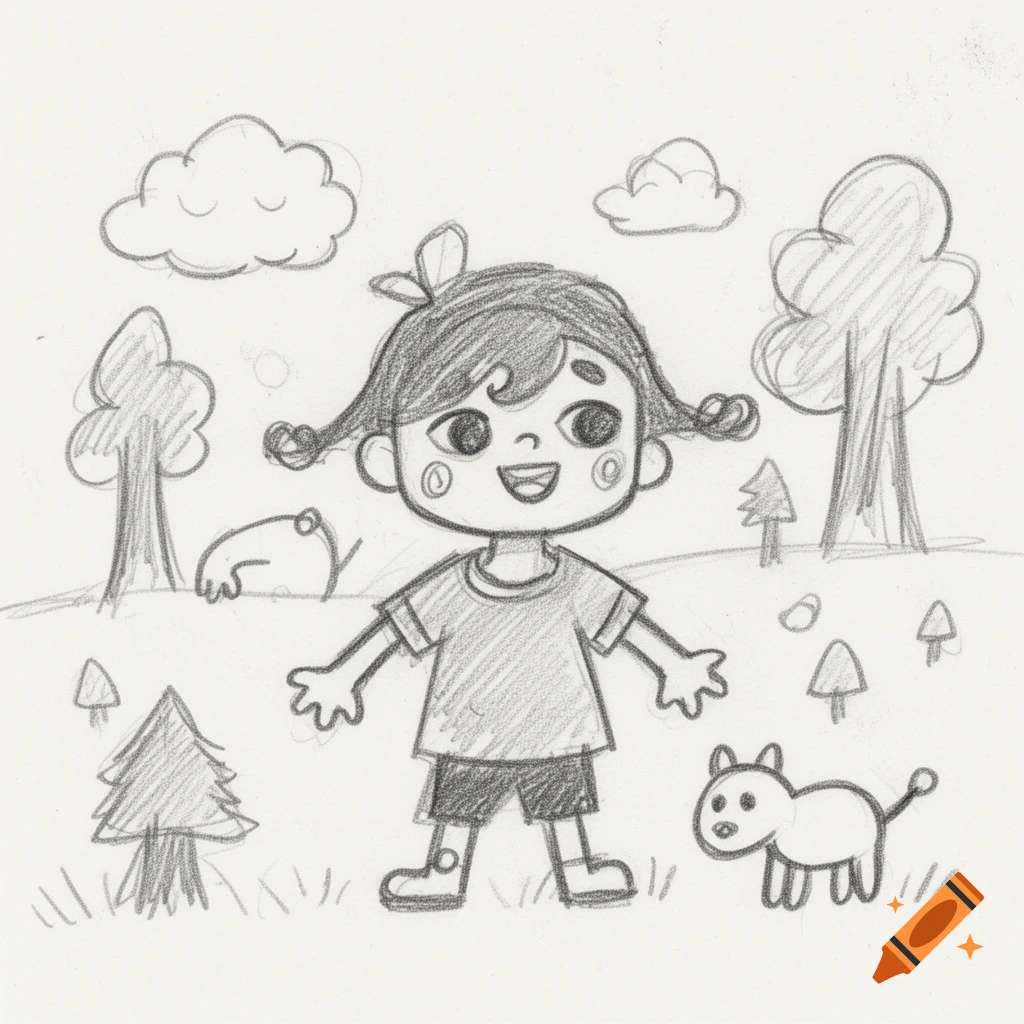 Pencil sketch of a happy cartoon child with pigtails, standing in a field with trees, clouds, mushrooms, and a small dog.