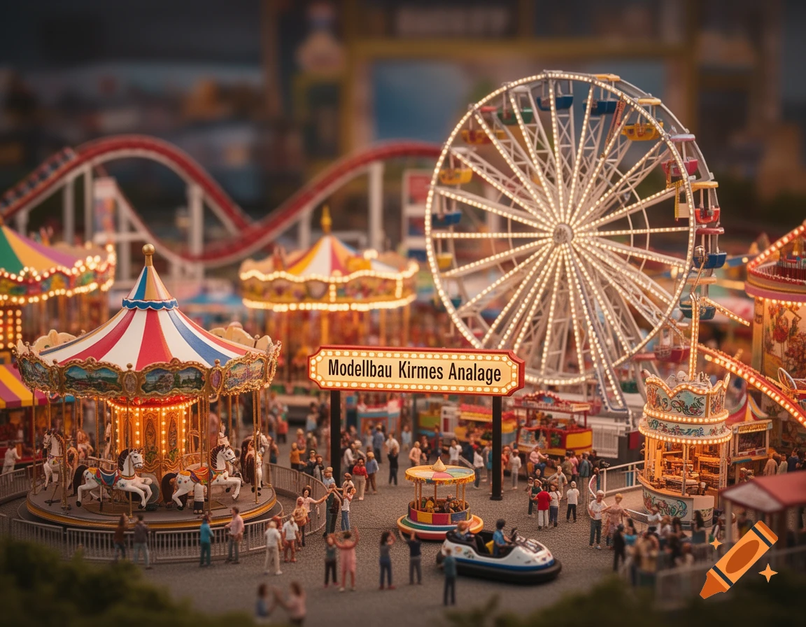 A detailed miniature model fairground with a lit-up Ferris wheel, merry-go-round, roller coaster, and tiny people.