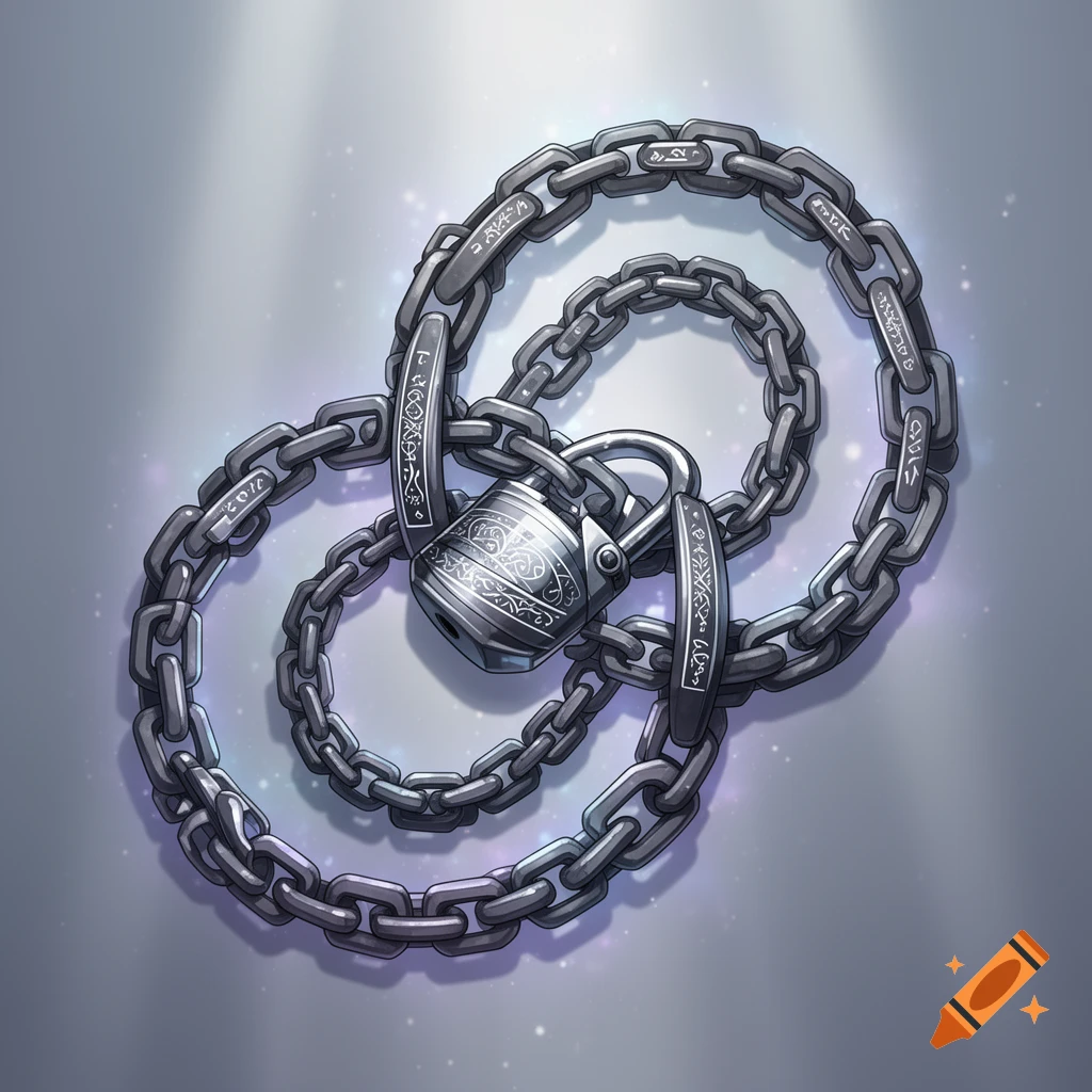 An anime-style illustration of tangled metallic chains with decorative runes and a padlock, glowing slightly.