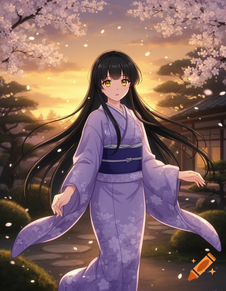 Anime girl with long black hair and yellow eyes in a purple kimono, walking through a cherry blossom garden at sunset.