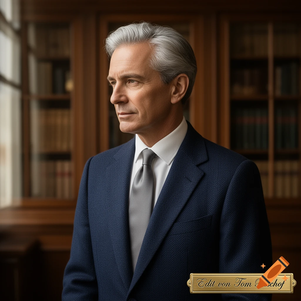 Photorealistic portrait of a distinguished man with grey hair in a navy suit and grey tie, looking thoughtfully left against a blurred bookshelf background.