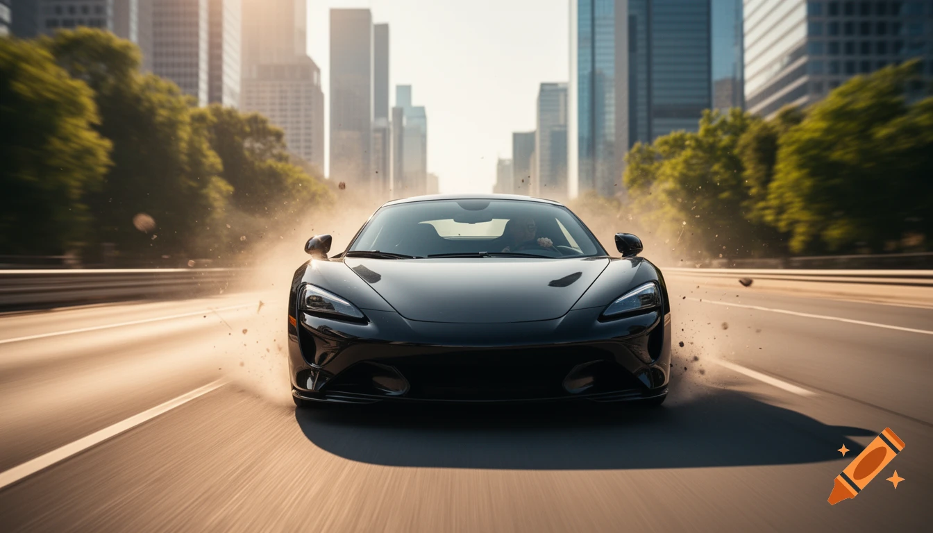 A black sports car speeds down a city road, kicking up dust, with tall buildings in the background. Photorealistic style.