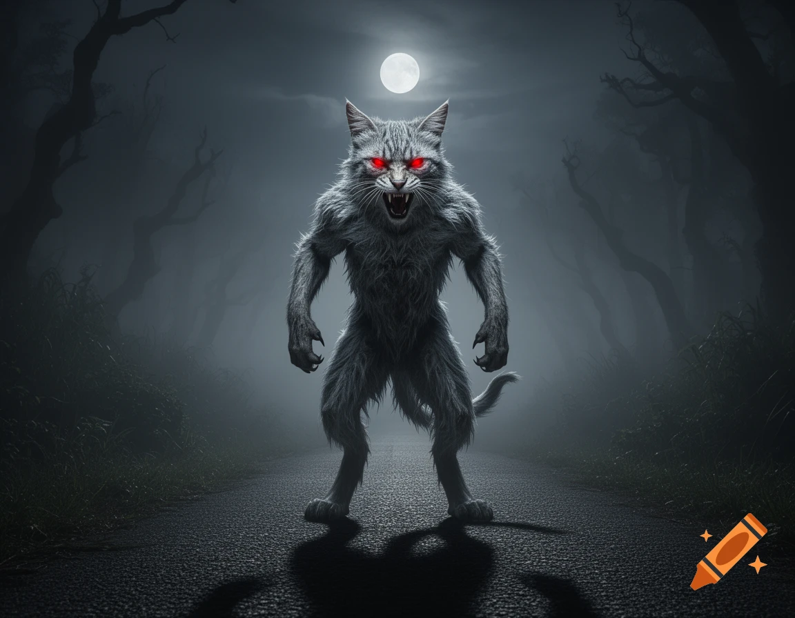 A grey, furry werecat with glowing red eyes and fangs stands on a dark forest road under a full moon, surrounded by mist.