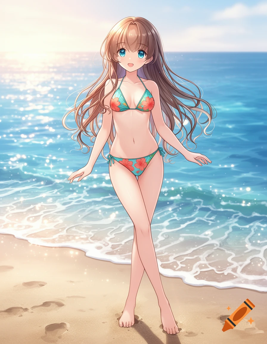 Anime girl standing on a sandy beach by the ocean under a sunny sky.