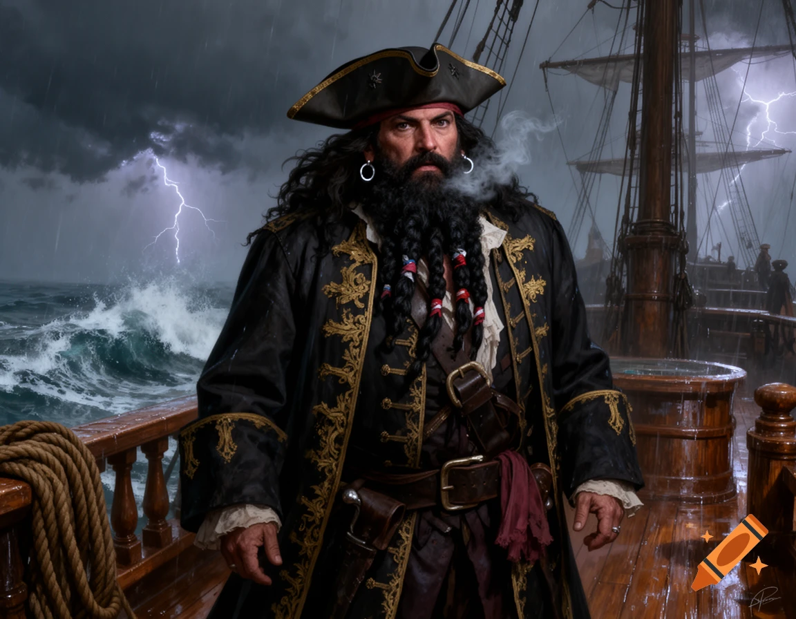 A photorealistic depiction of a fierce pirate, resembling Blackbeard, on a ship deck during a stormy sea with lightning.
