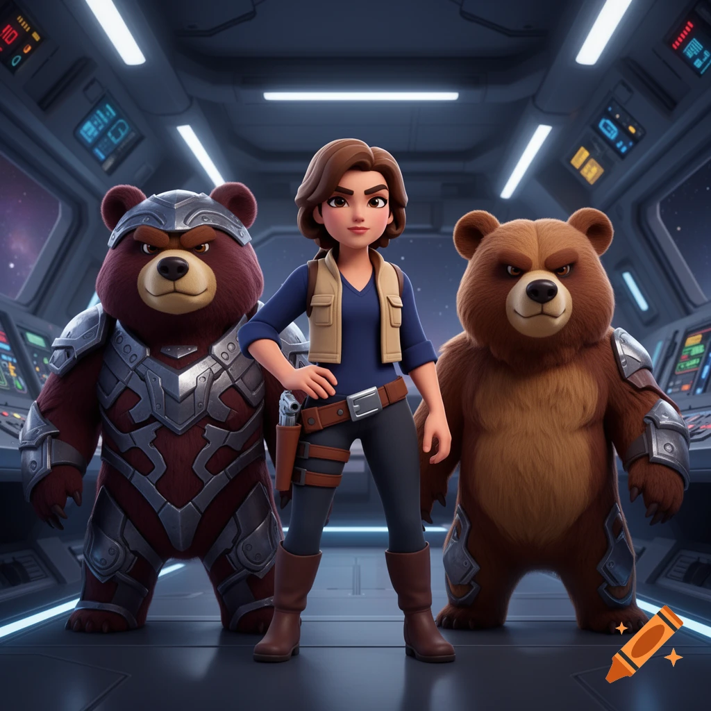 Cartoon woman with a holster and two armored bears stand in a spaceship cockpit, looking determined.