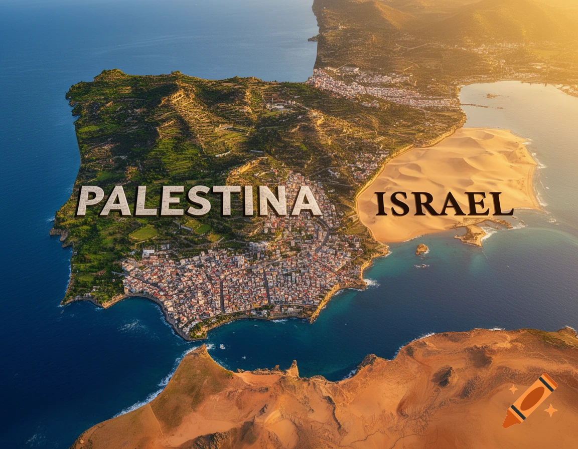 Aerial view of a coastal landscape with a green, urban area labeled 'PALESTINA' and a sandy desert area labeled 'ISRAEL'.