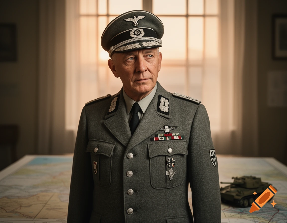 A photorealistic portrait of an older man in a World War II German Generalfeldmarschall uniform, standing beside a map and a toy tank.