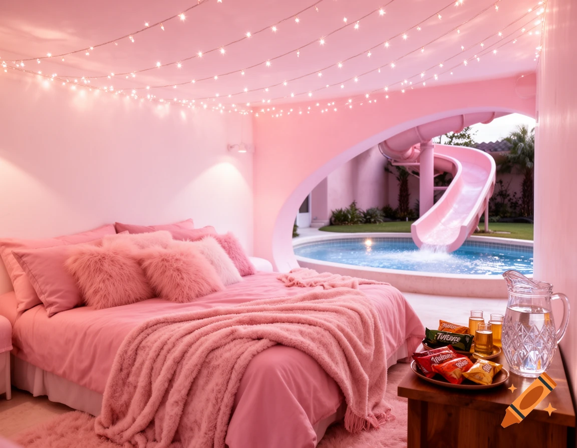 A dreamlike pink bedroom with a fluffy bed, fairy lights, and a table of snacks, looking out onto a pool with a pink waterslide.