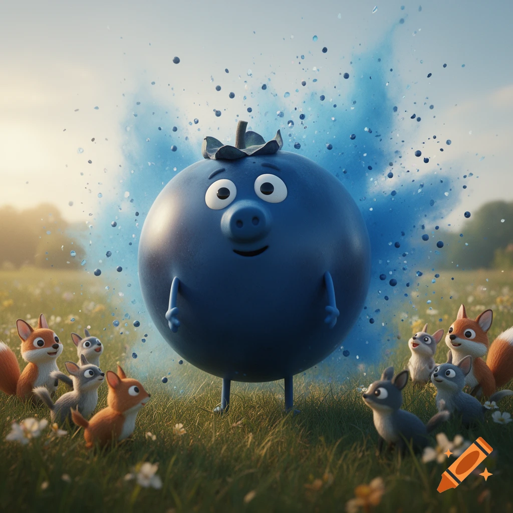 A large cartoon blueberry with a pig snout, eyes, and small limbs stands in a grassy field with blue powder exploding, observed by cartoon foxes and mice.