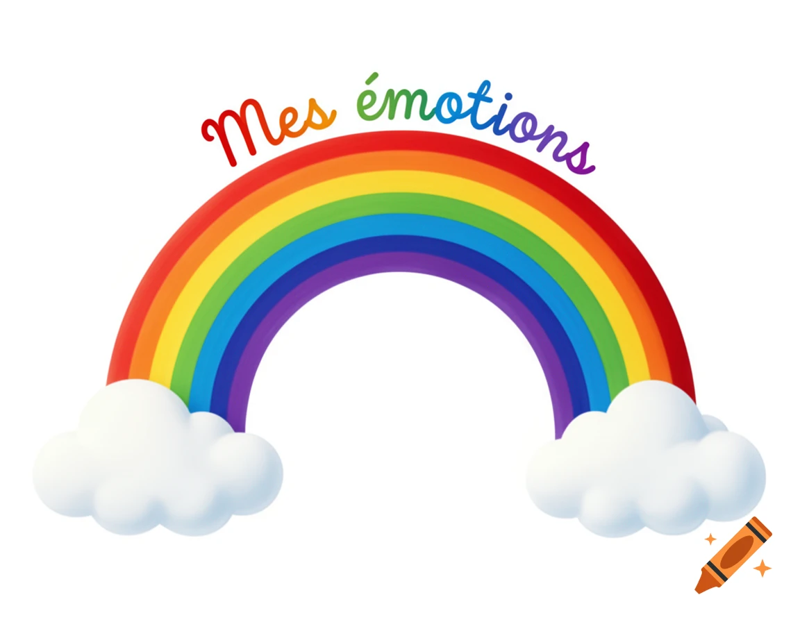 A vibrant rainbow with puffy white clouds at its ends. Above it, the colorful cursive text 'Mes émotions' curves along the arc.