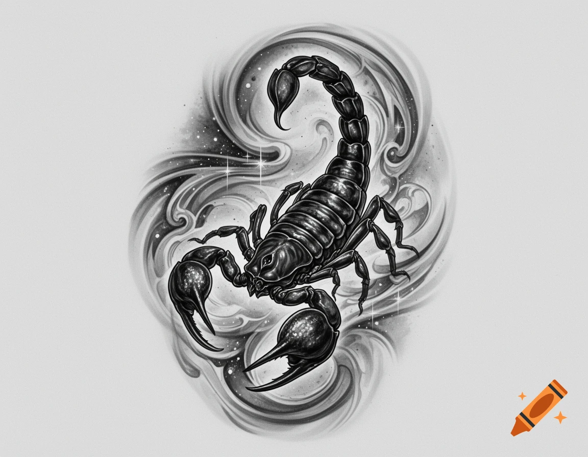 A black and white scorpion tattoo design, rendered with fine detail, featuring mystic swirling smoky elements and sparkling stars in the background.