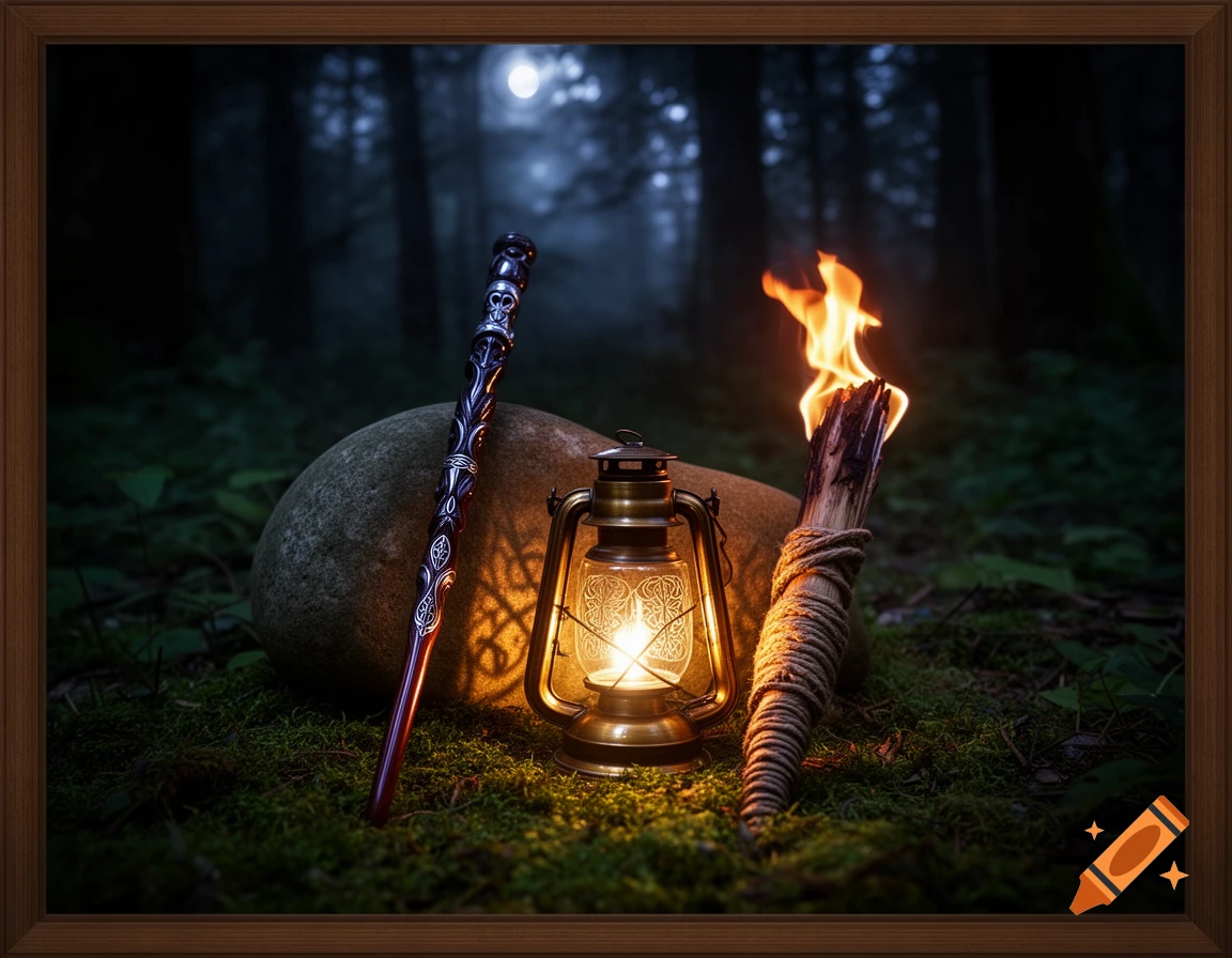 A magical wand, an antique lantern, and a burning torch resting on moss in a dark, moonlit forest at night.