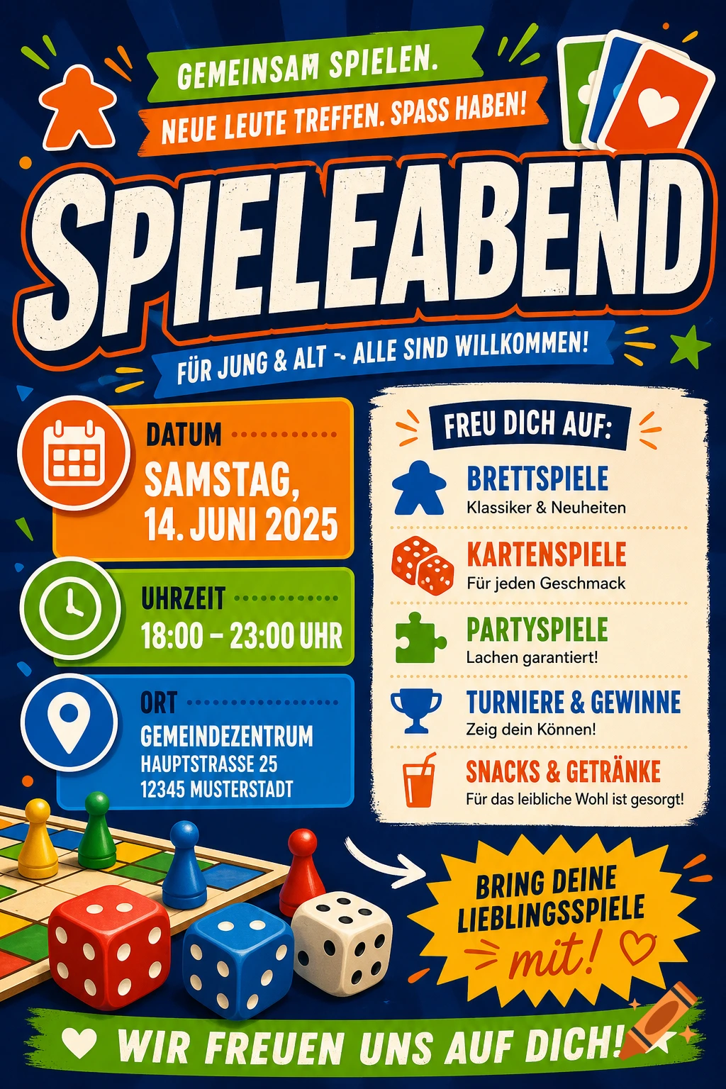 A colorful, vibrant poster for a 'Game Night' event, featuring text in German about the date, time, location, types of games, and snacks, with illustrations of board game pieces, dice, and playing cards.