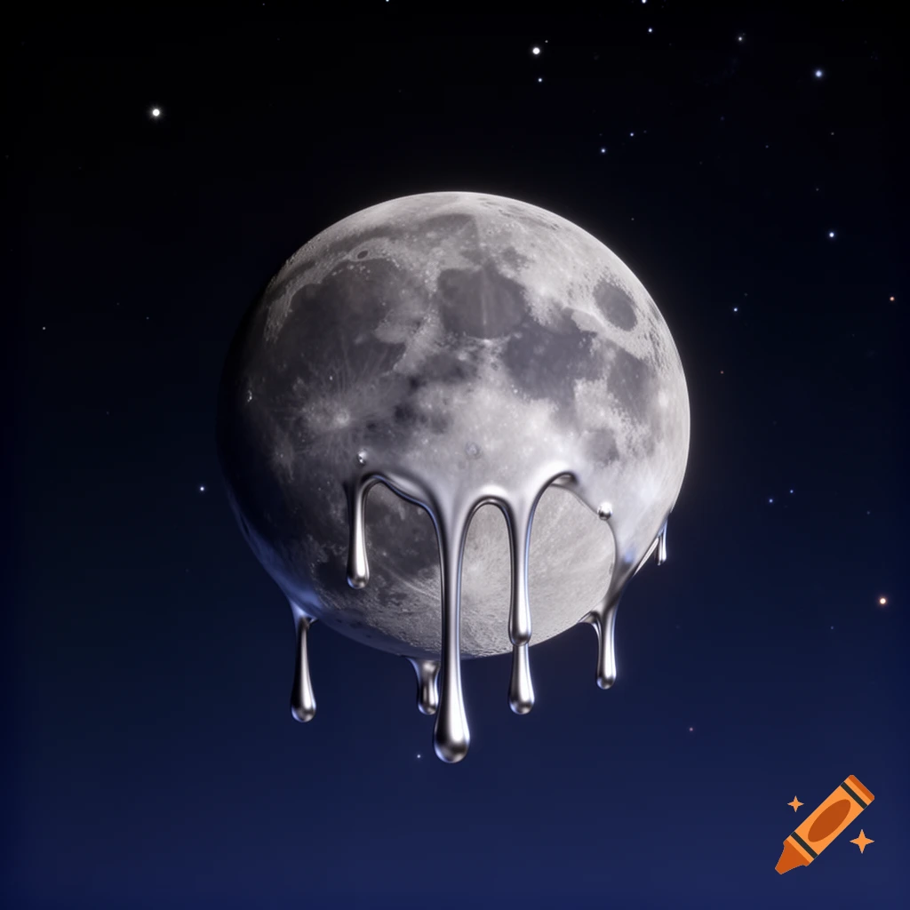 A detailed moon with reflective silver liquid dripping down its surface against a starry night sky.