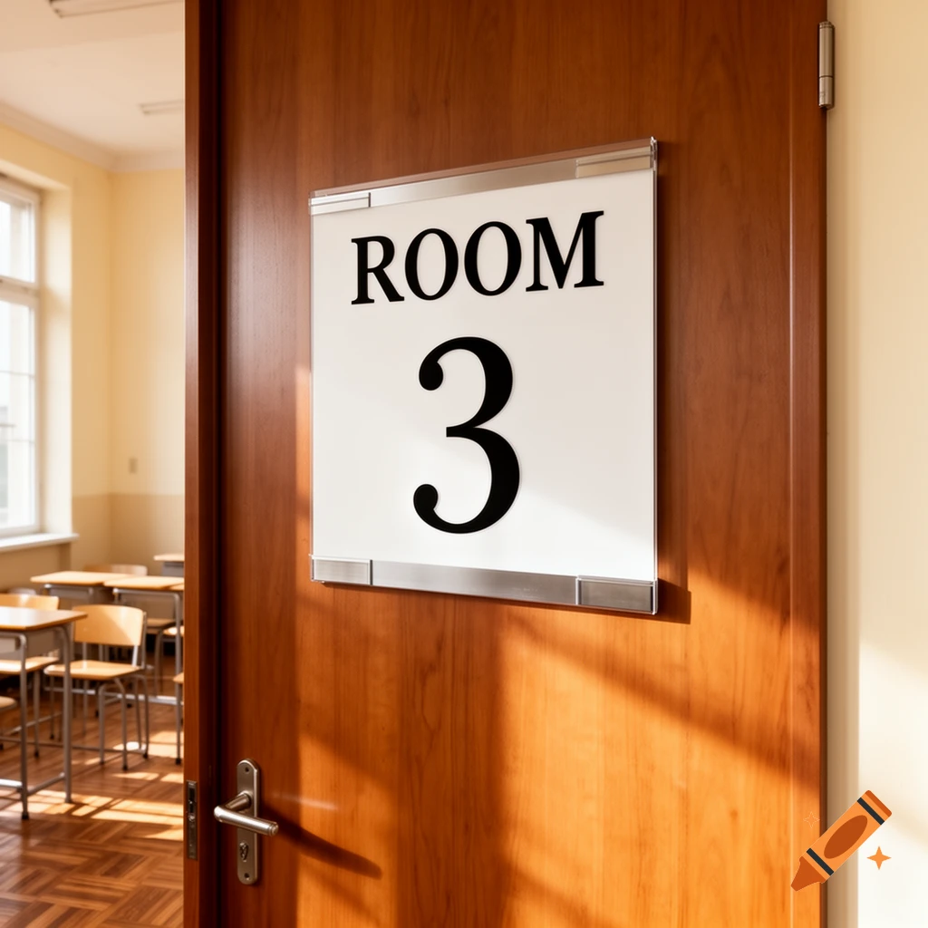 A wooden door with a 'ROOM 3' sign, partially open, reveals an empty sunlit classroom with desks and chairs.