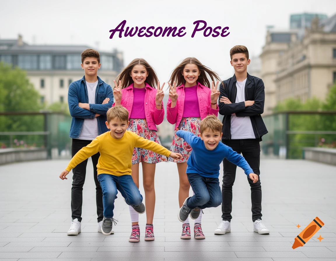 Six smiling children and teenagers pose outdoors: two young boys jumping, two girls making peace signs, two boys standing. Text 'Awesome Pose'.