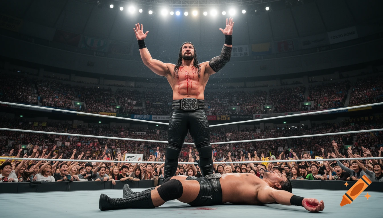 A victorious male wrestler with a championship belt stands over his defeated, bloody opponent in a packed stadium.