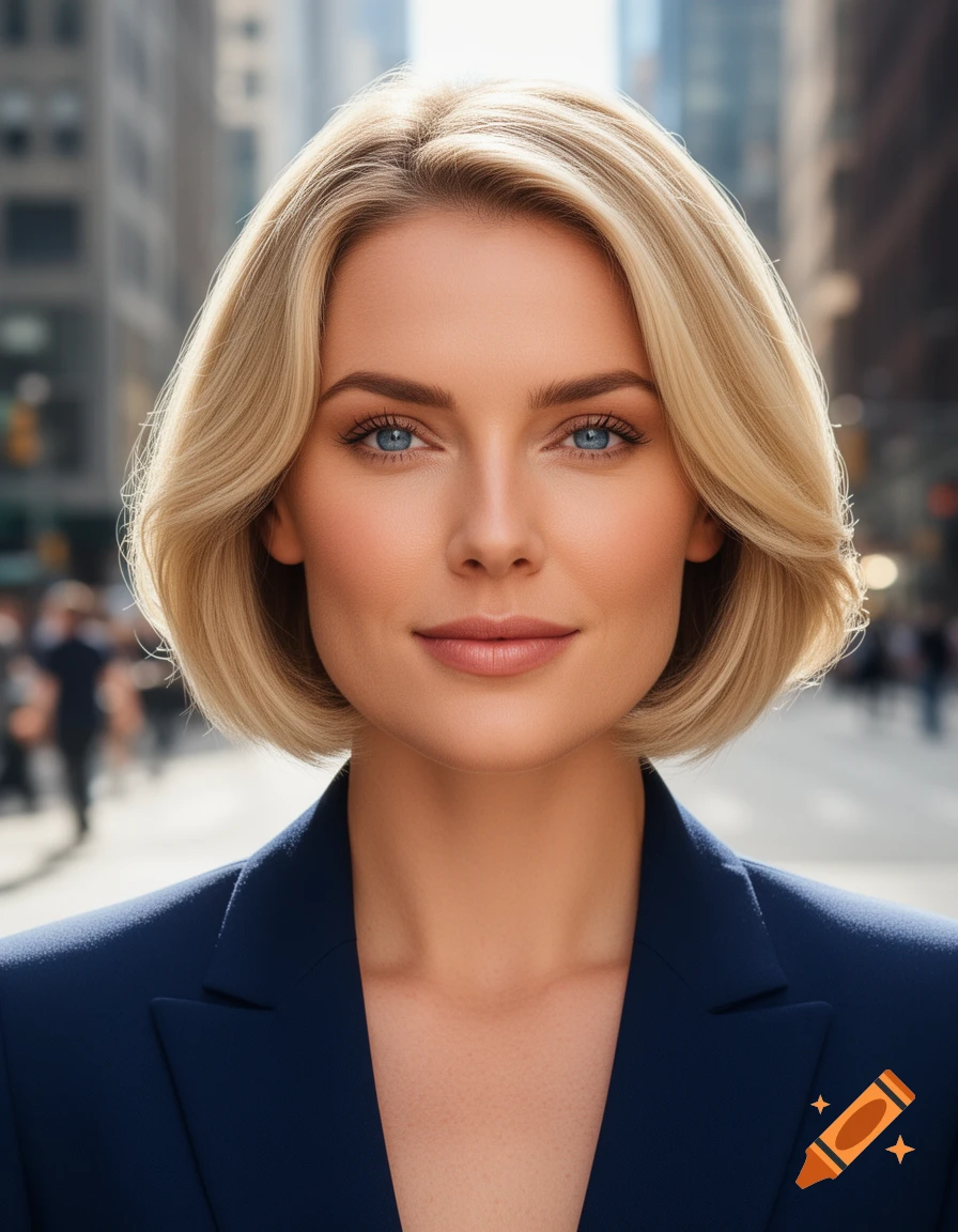 A photorealistic close-up portrait of a blonde woman with blue eyes wearing a dark blue blazer, standing on a city street.