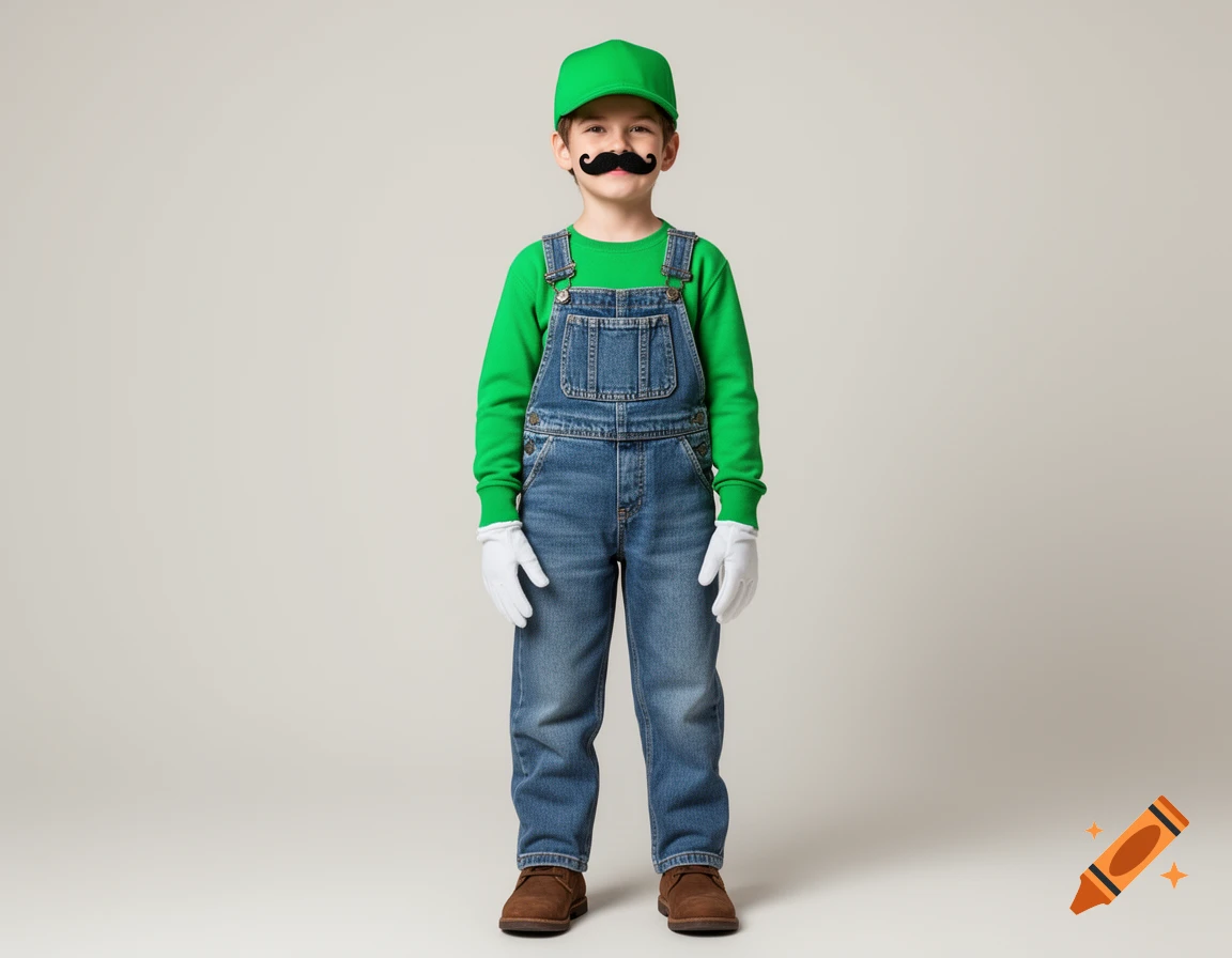 A young boy in a Luigi costume with a green cap, green long-sleeve shirt, blue denim overalls, white gloves, and a fake mustache.