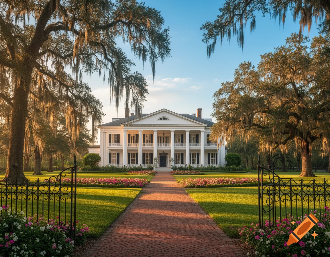 Grand white antebellum mansion with columns, brick path, ornate gate, and oak trees draped with Spanish moss under a clear sky.