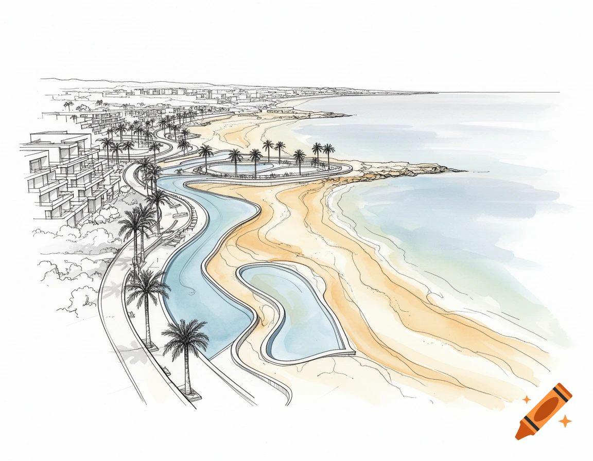 Detailed ink and watercolor architectural sketch of a coastline with a beach, resort buildings, winding pools, and palm trees.