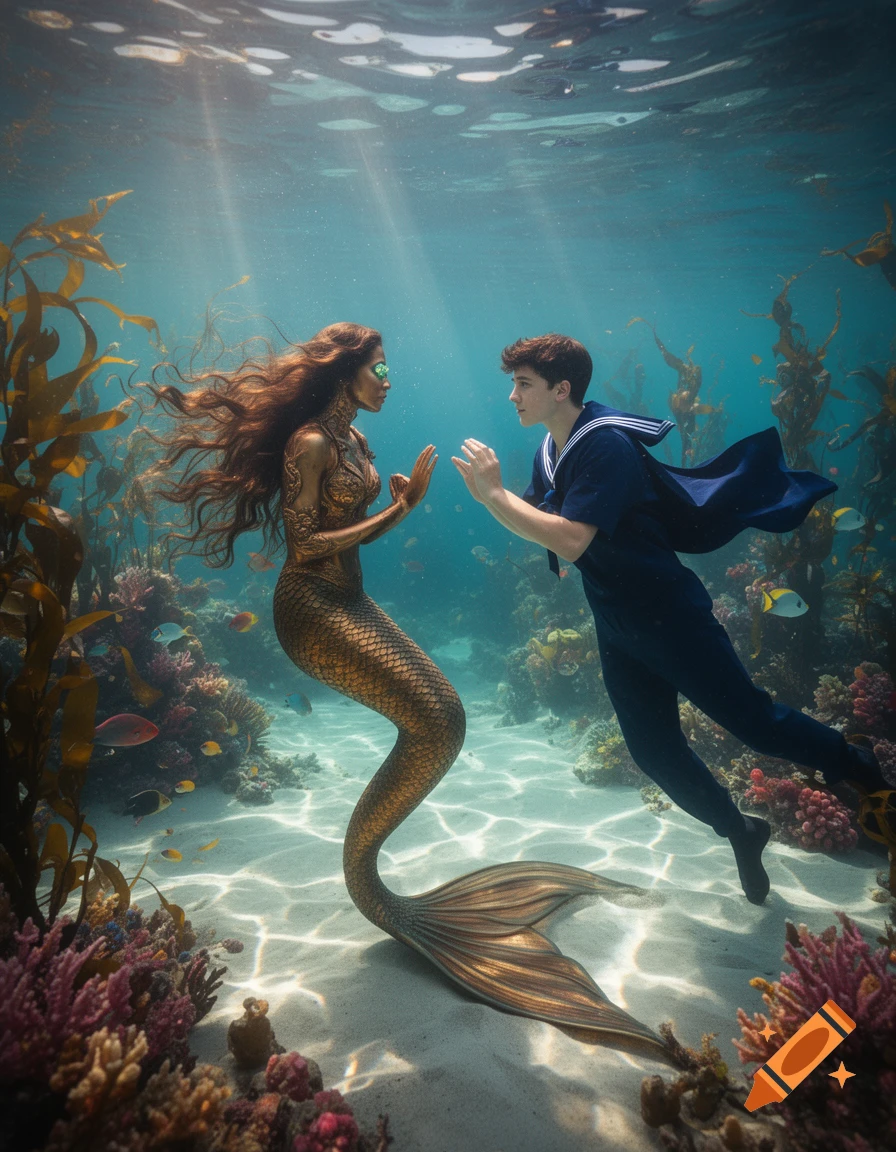 Photorealistic image of a mermaid with a golden tail and a young sailor meeting underwater in a sunlit coral reef.