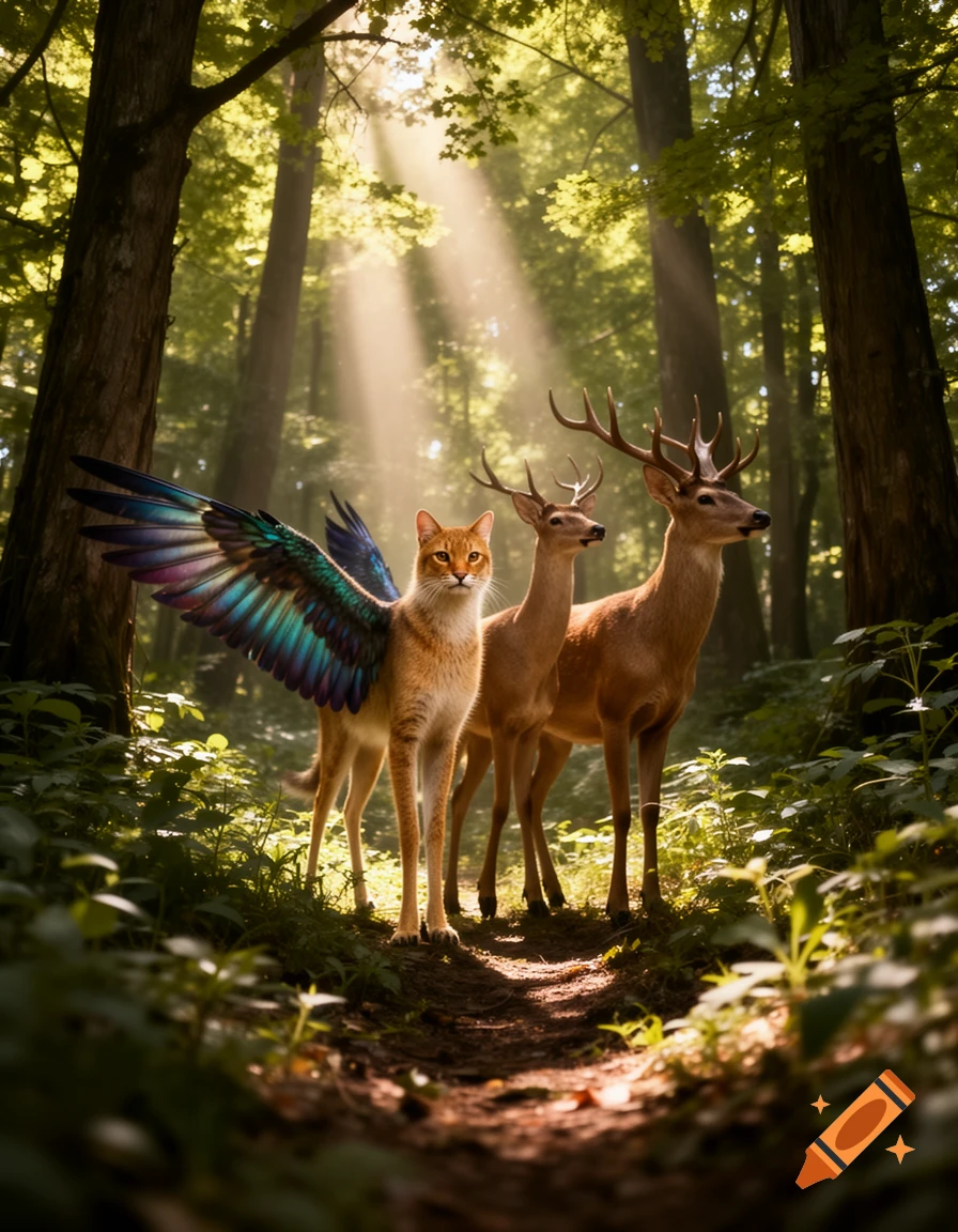 A winged cat-like creature with two deer stands on a forest path with sunbeams filtering through green trees, photorealistic.