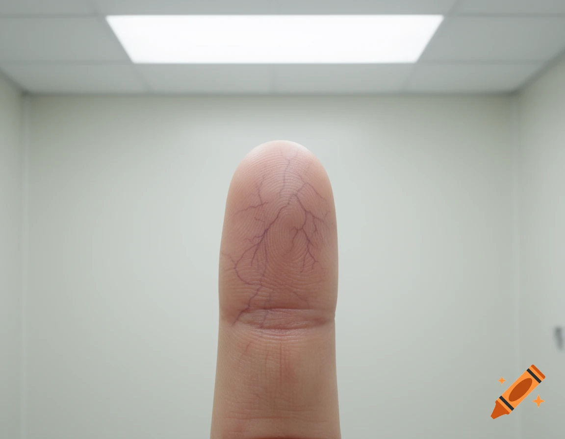 Extreme close-up of a human finger with visible veins and fingerprint lines, against a light-colored, unfocused room.