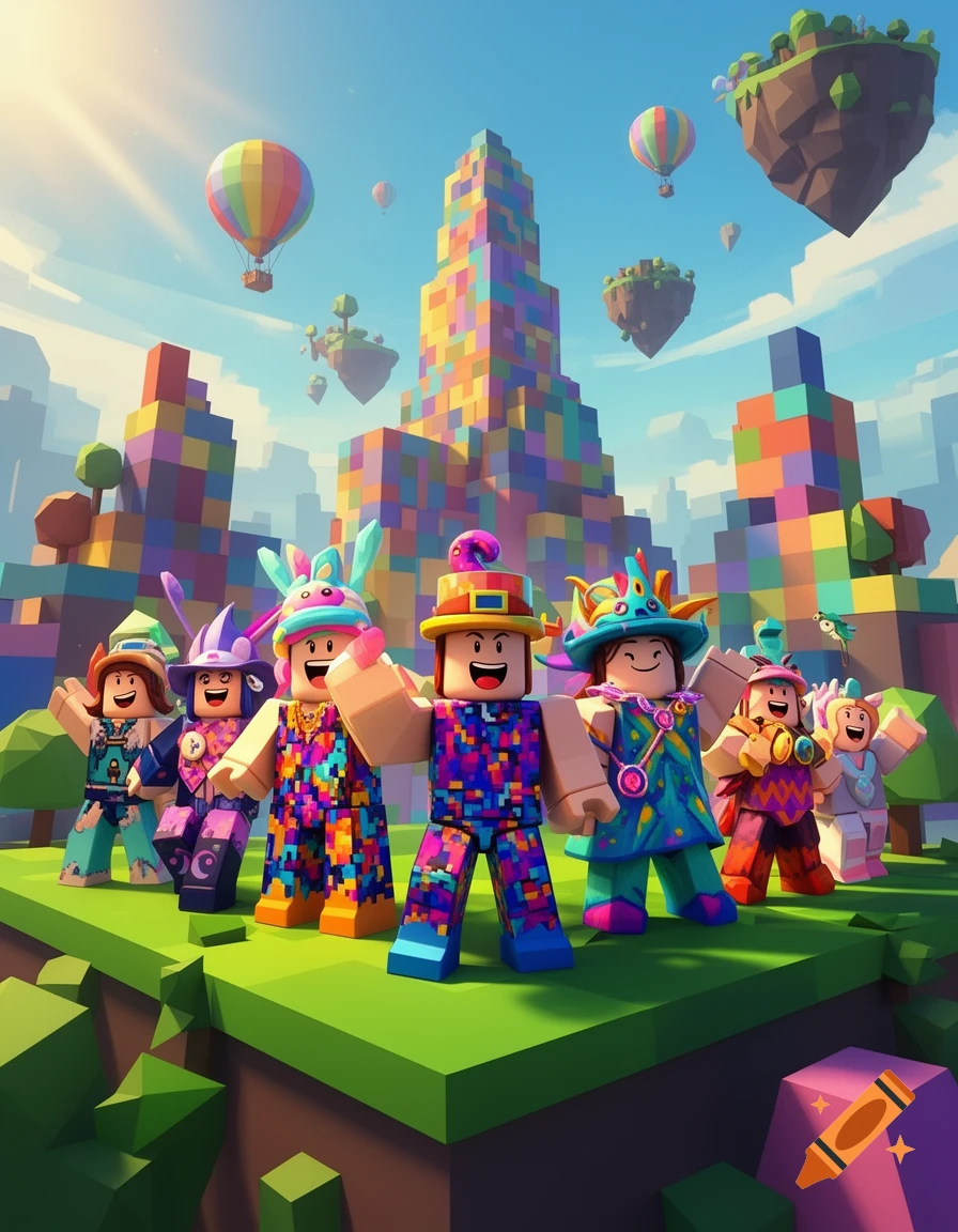 Six colorful Roblox-style characters stand together in a vibrant blocky world with floating islands and multi-colored buildings.