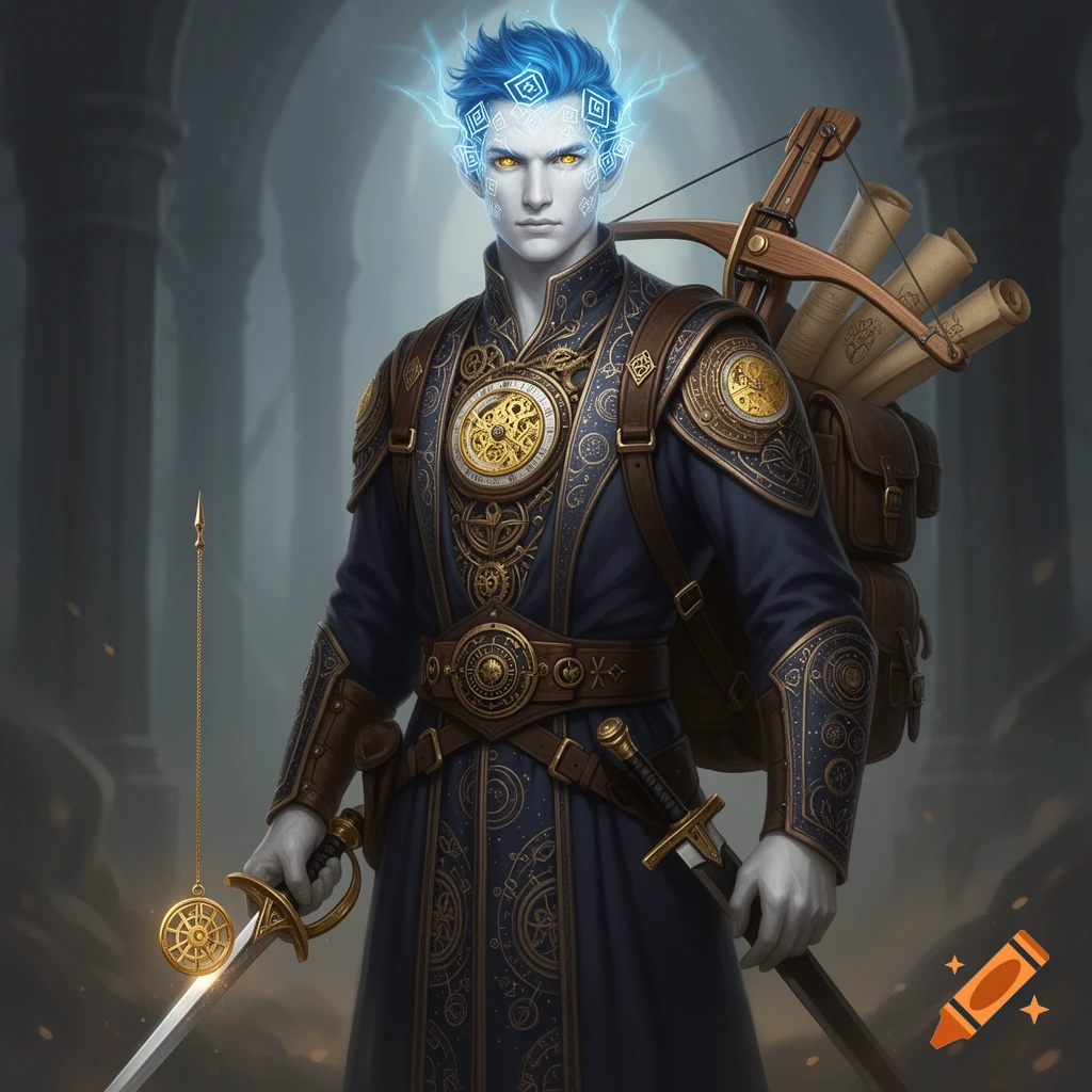 A fantasy scholar with pale skin, electric blue hair, and liquid gold eyes, wearing elaborate midnight blue and brass robes with intricate gear patterns, holding a rapier.