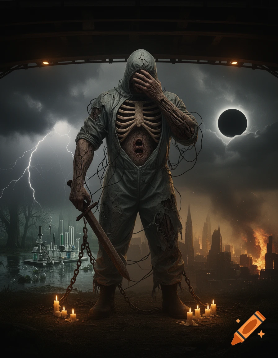 A monstrous hooded figure with exposed ribs, wires, and a rusty sword stands in a stormy, burning city with a flooded lab and eclipse.