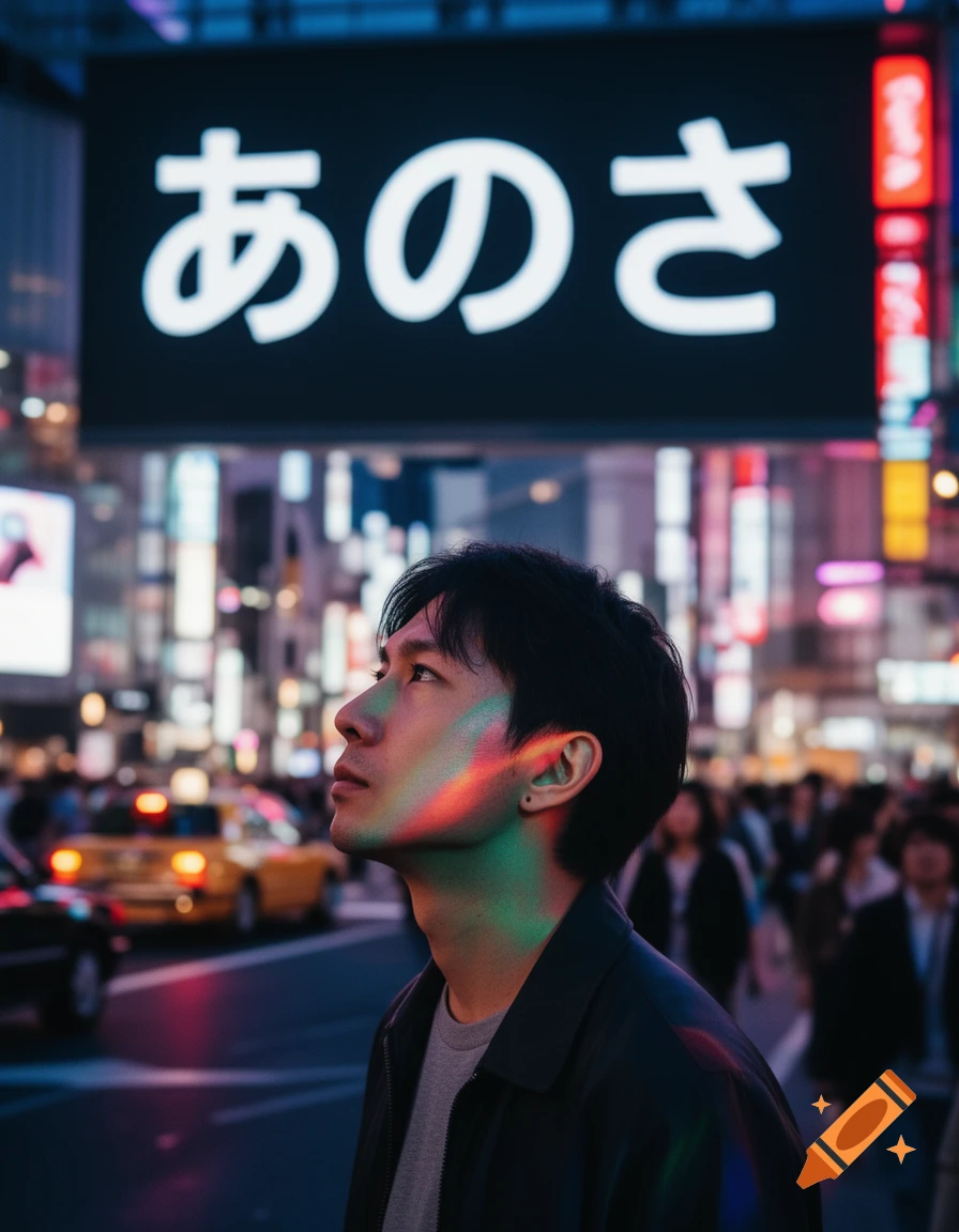 A young man looks up at a large illuminated Japanese sign on a vibrant, neon-lit city street at night, with light reflecting on his face.