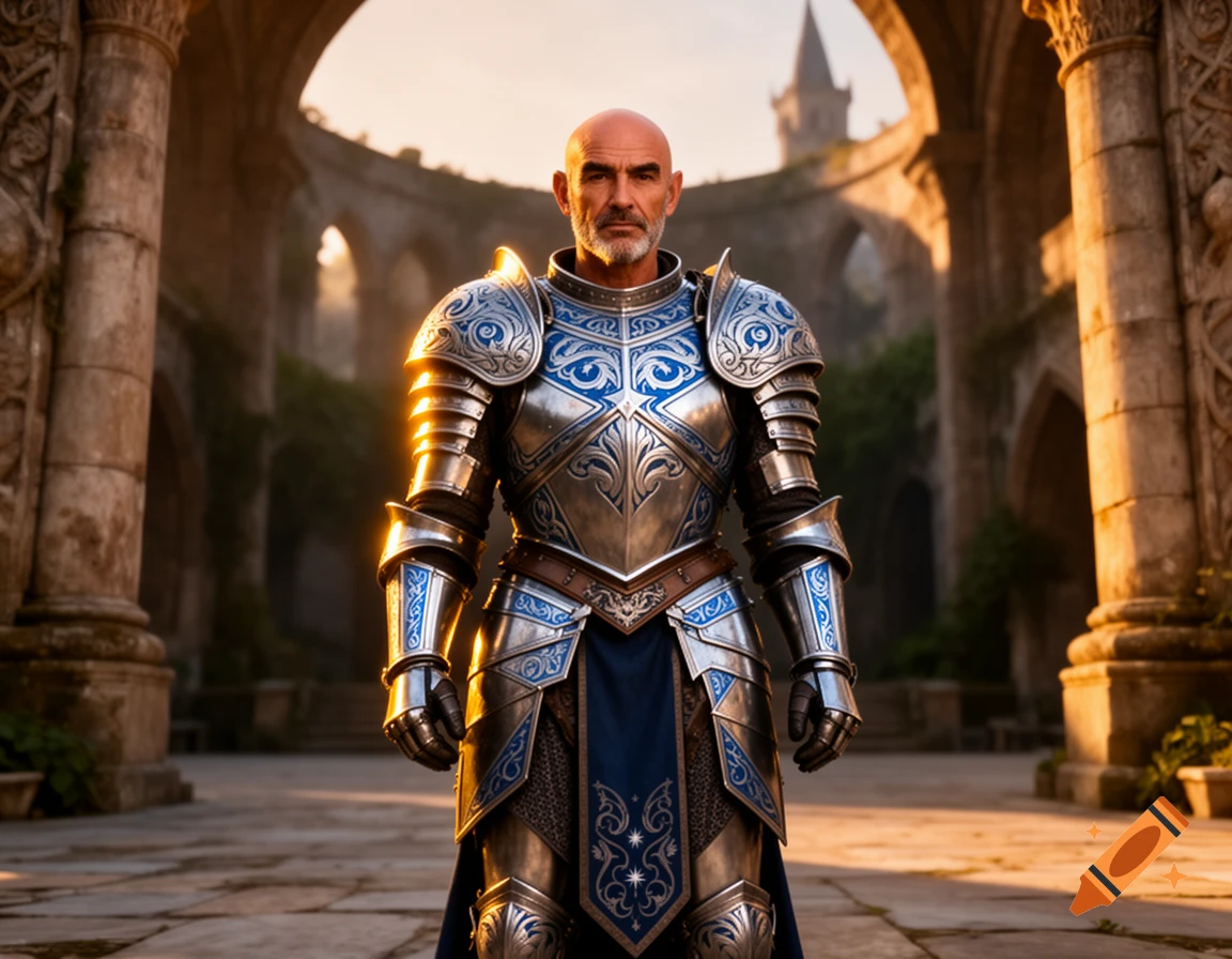 A bald man in ornate silver and blue knight armor stands in ancient stone ruins at sunset, photorealistic.