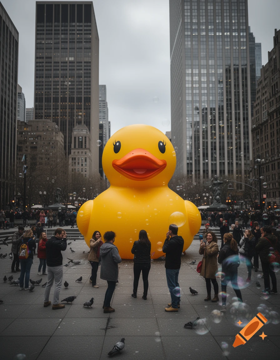 A giant yellow rubber duck stands in a bustling city square, surrounded by people, bubbles, and tall buildings under a cloudy sky.
