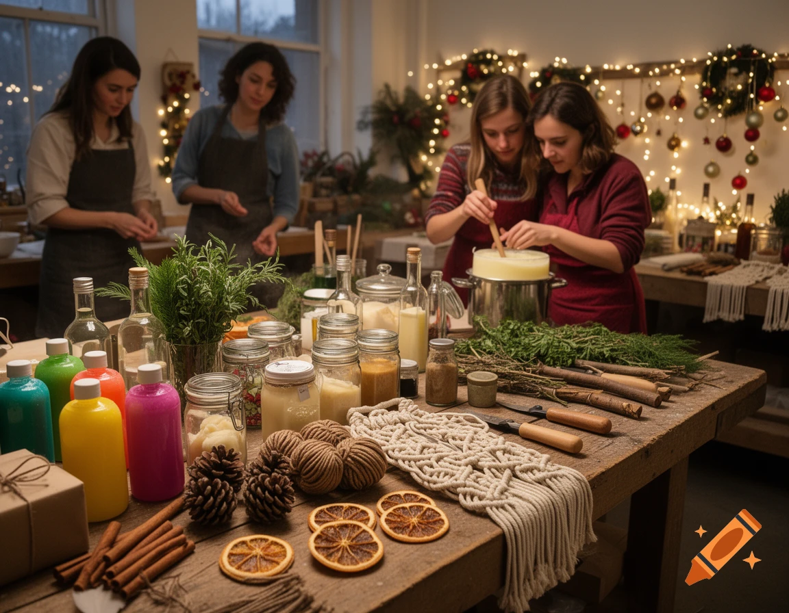 Four women in an illuminated workshop crafting Christmas gifts, surrounded by colorful liquids, jars, natural materials, and macrame.