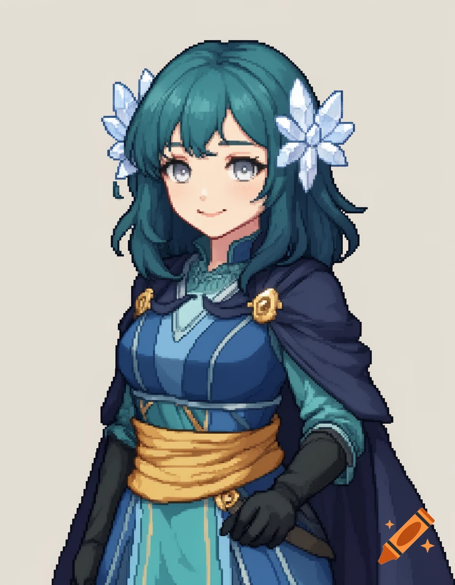 Pixel art portrait of a smiling fantasy adventurer with teal hair, blue outfit, and crystal ornaments, in anime style.