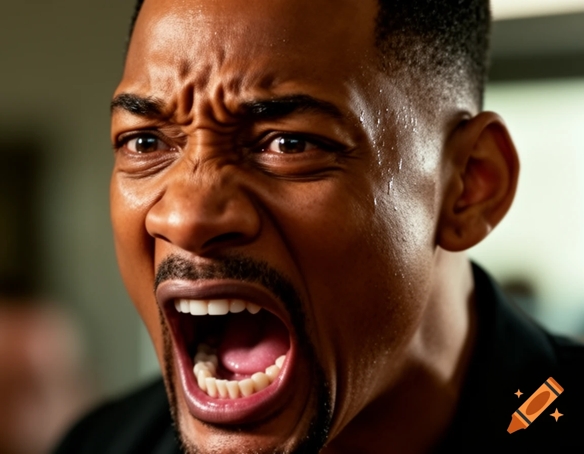 Photorealistic close-up of Will Smith screaming with an anguished expression, sweat glistening on his face.