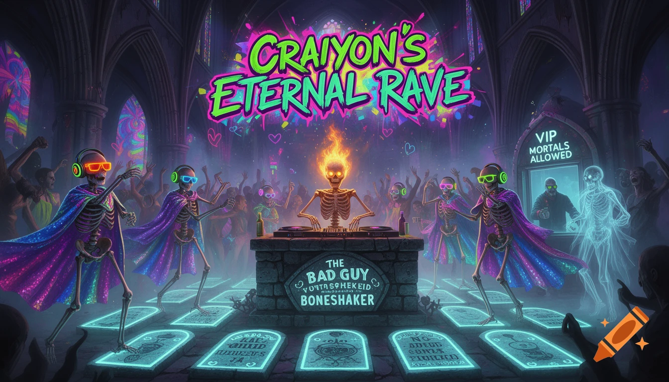 A neon-drenched rave inside a haunted cathedral, with dancing skeletons wearing glow sunglasses and capes, and a flaming-skull DJ at a stone booth, surrounded by illuminated tombstones.