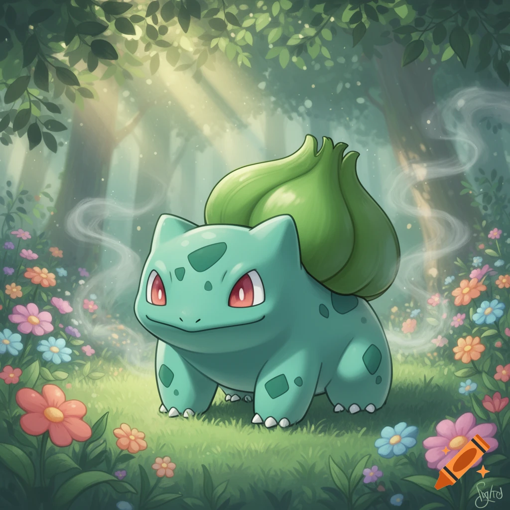 A cute Bulbasaur stands in a sunny, mystical forest clearing amidst colorful flowers and misty wisps, rendered in a charming cartoon style.