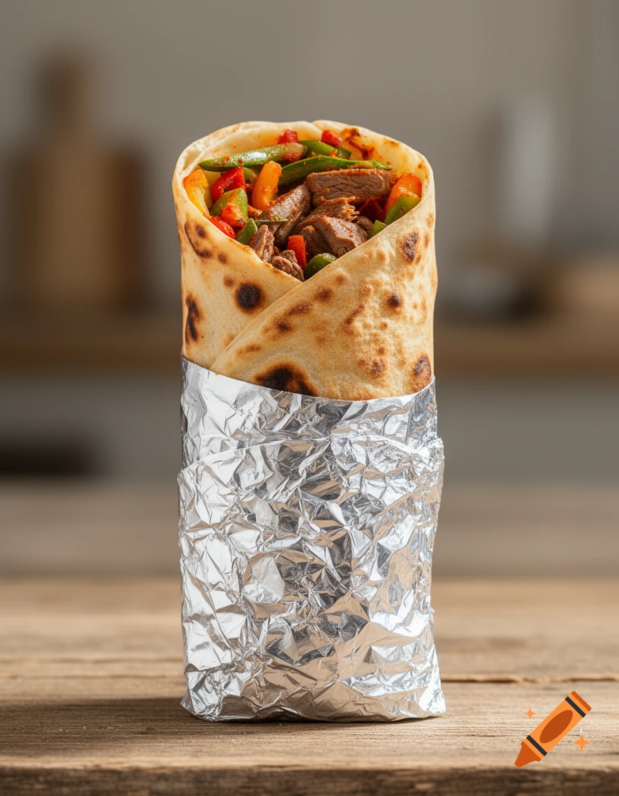A savory wrap filled with meat and colorful vegetables, partially wrapped in aluminum foil, standing upright on a wooden table.