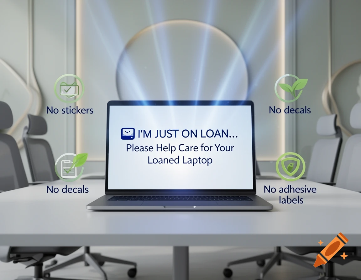 A laptop on a white conference table displays text 'I'M JUST ON LOAN...' and instructions for care, surrounded by icons in a modern meeting room.