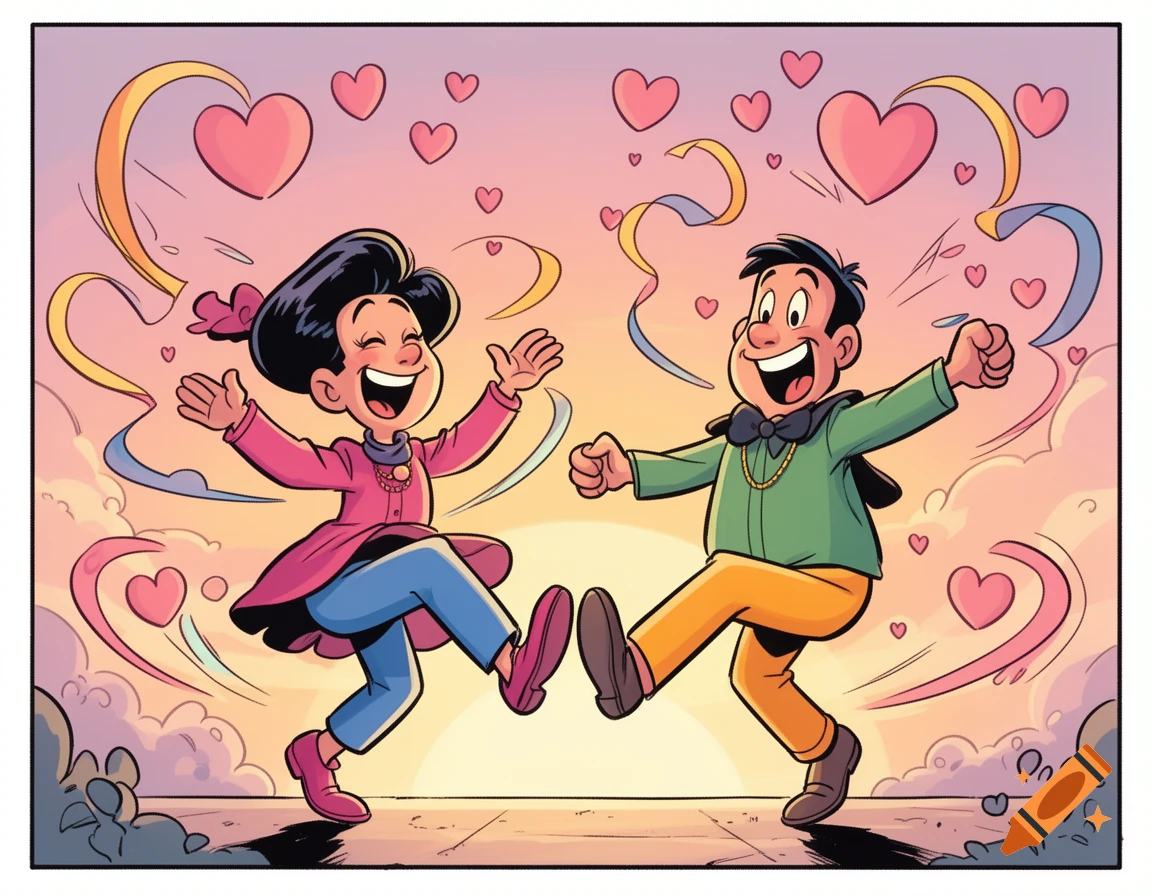 A cartoon boy and girl dance joyfully with open arms, surrounded by pink hearts and colorful ribbons, in a comic book style.
