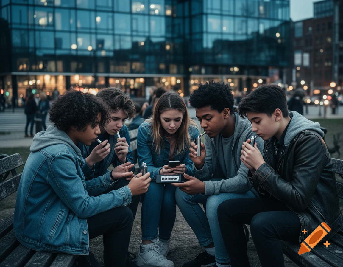 Five teenagers sit on a park bench in an urban setting at dusk, four of them using vaping devices. One looks at a phone.