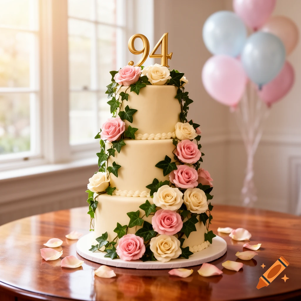 A three-tier cream-colored birthday cake decorated with pink and white roses, green ivy, and a golden '94' topper, on a wooden table with rose petals and balloons in the background.