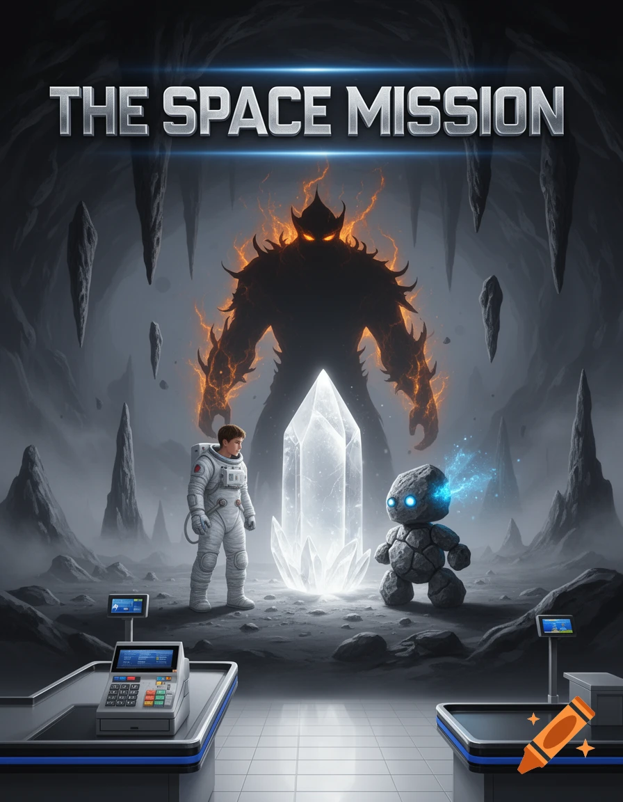 Book cover for 'THE SPACE MISSION' with an astronaut, rock creature, shadow monster, and crystal in a cave, blending into a supermarket checkout.