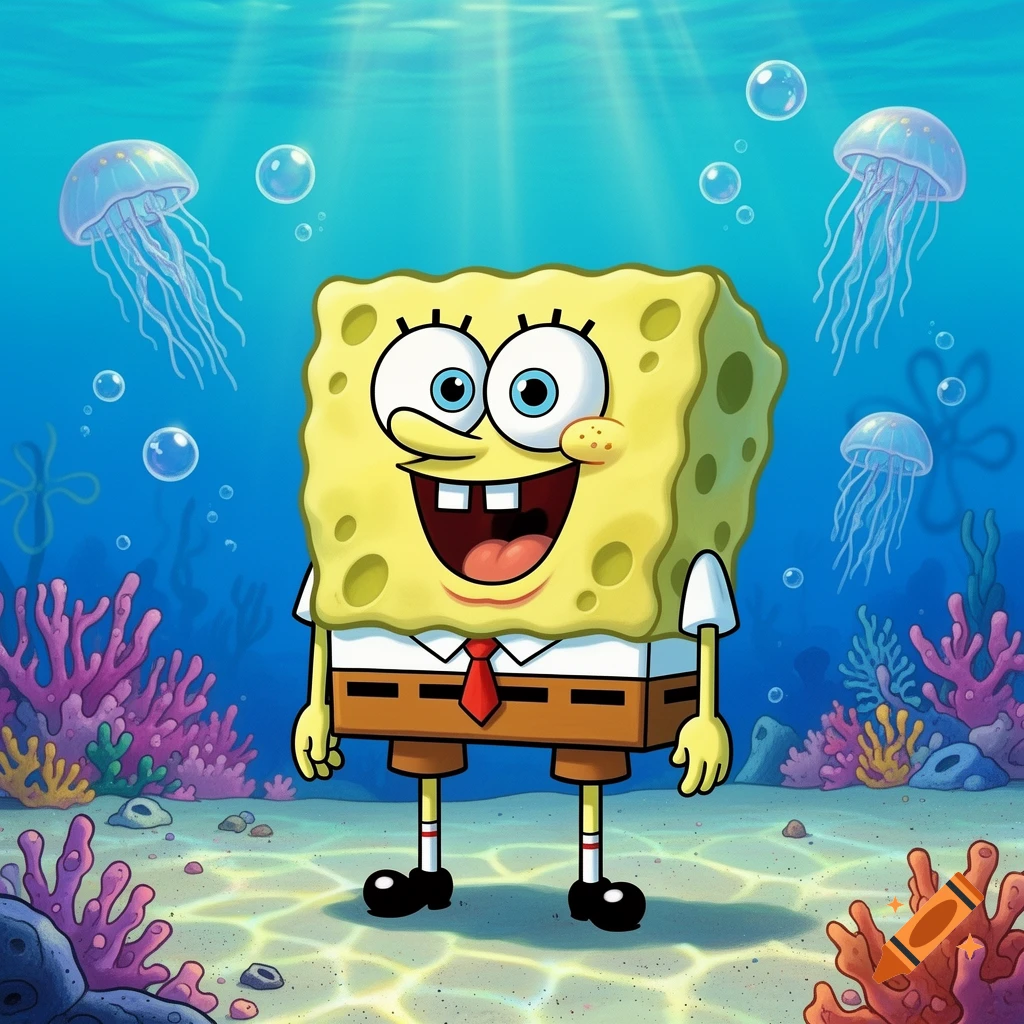 SpongeBob SquarePants smiling broadly underwater with jellyfish and coral.