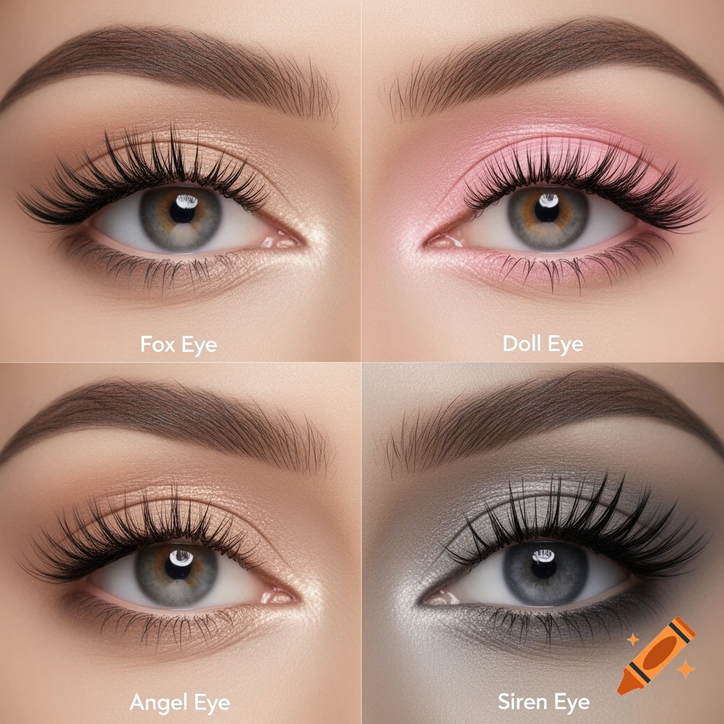 A four-panel grid shows close-ups of female eyes with various makeup styles labeled: Fox Eye, Doll Eye, Angel Eye, Siren Eye.
