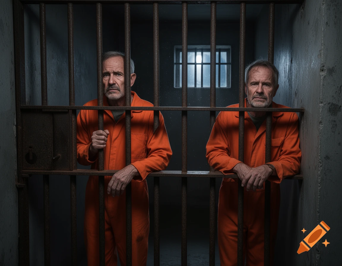 Two solemn-looking elderly men in orange jumpsuits stand behind the rusty bars of a dimly lit prison cell, looking out.